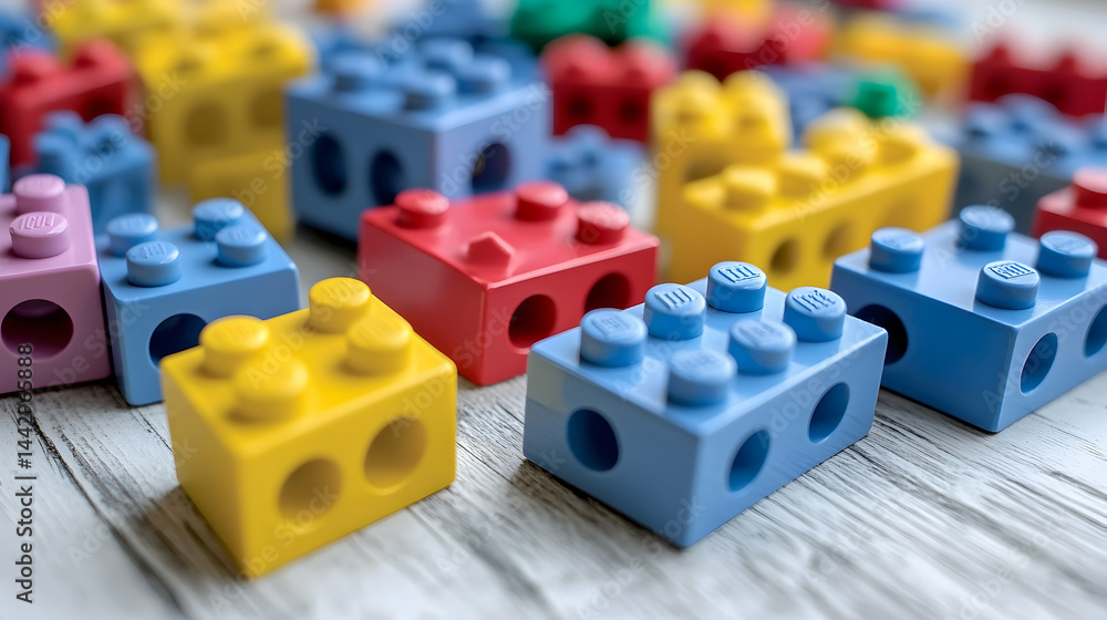 Obraz premium Assortment of colorful toy building blocks on a weathered white wooden surface