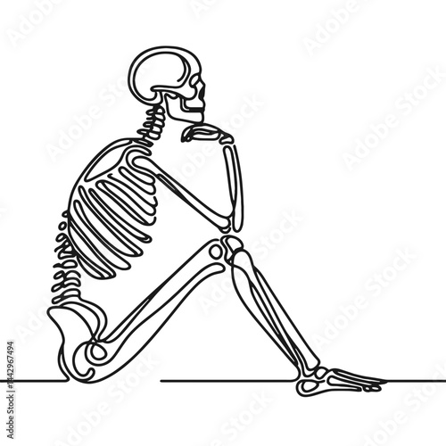 Skeleton in thinking pose, vector, black line drawing, minimalistic, single line, simple line, isolated, transparent background