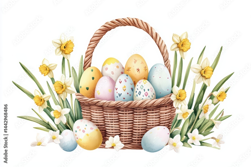 Easter Basket with Colorful Eggs and Fresh Daffodils Easter Basket with Colorful Eggs and Fresh Daffodils