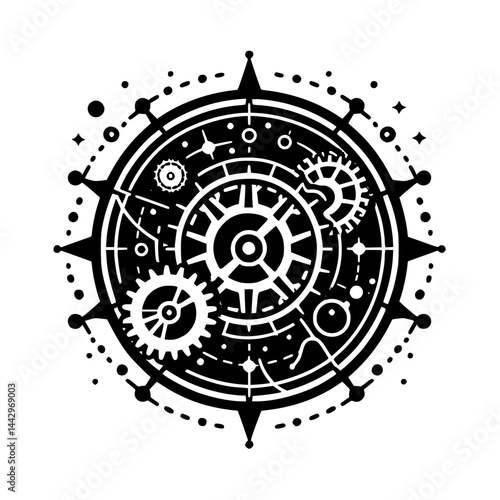 Intricate Steampunk Compass Gearwork Illustration, Black and White Graphic Design Element
