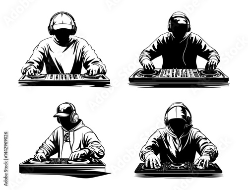 DJ behind console black and white vector illustration