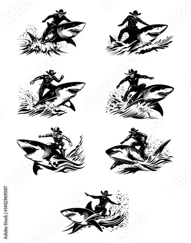 Cowboy riding shark humorous black and white illustration