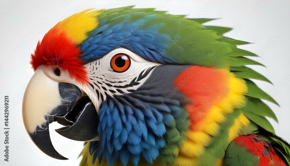 Fototapeta premium The majestic and colorful parrot exhibits its beautiful feathers and a striking gaze in detail.