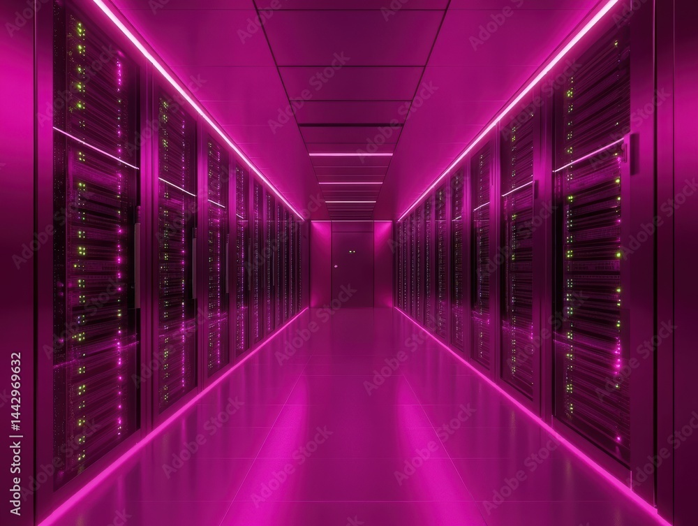 Futuristic Server Room with Striking Pink Illumination Rows of Computer Racks Data Center and Perspective View Futuristic Server Room with Striking Pink Illumination Rows of Computer Racks Data Center and Perspective View