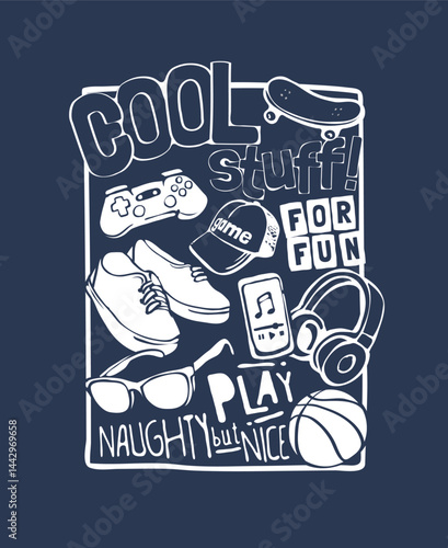 cool stuff slogan with items line art graphic vector illustration drawn by hand