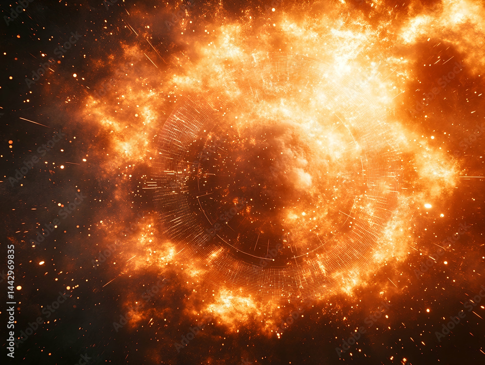 Fiery explosion with swirling orange clouds and radiant sparks Faint concentric circles add depth Fiery explosion with swirling orange clouds and radiant sparks Faint concentric circles add depth