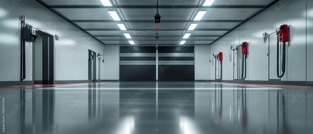 Fototapeta premium Bright illuminated interior of modern industrial warehouse reflecting on clean floor surfaces storage