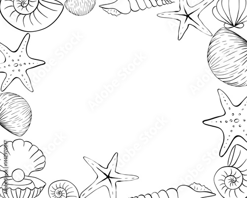 Seashells and starfish rectangle frame template for text. Vector graphic line ink illustration. Marine illustration of the underwater world hand drawn in black ink graphically.