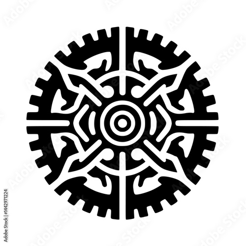 Intricate Black and White Geometric Circular Tribal Symbol Design Element