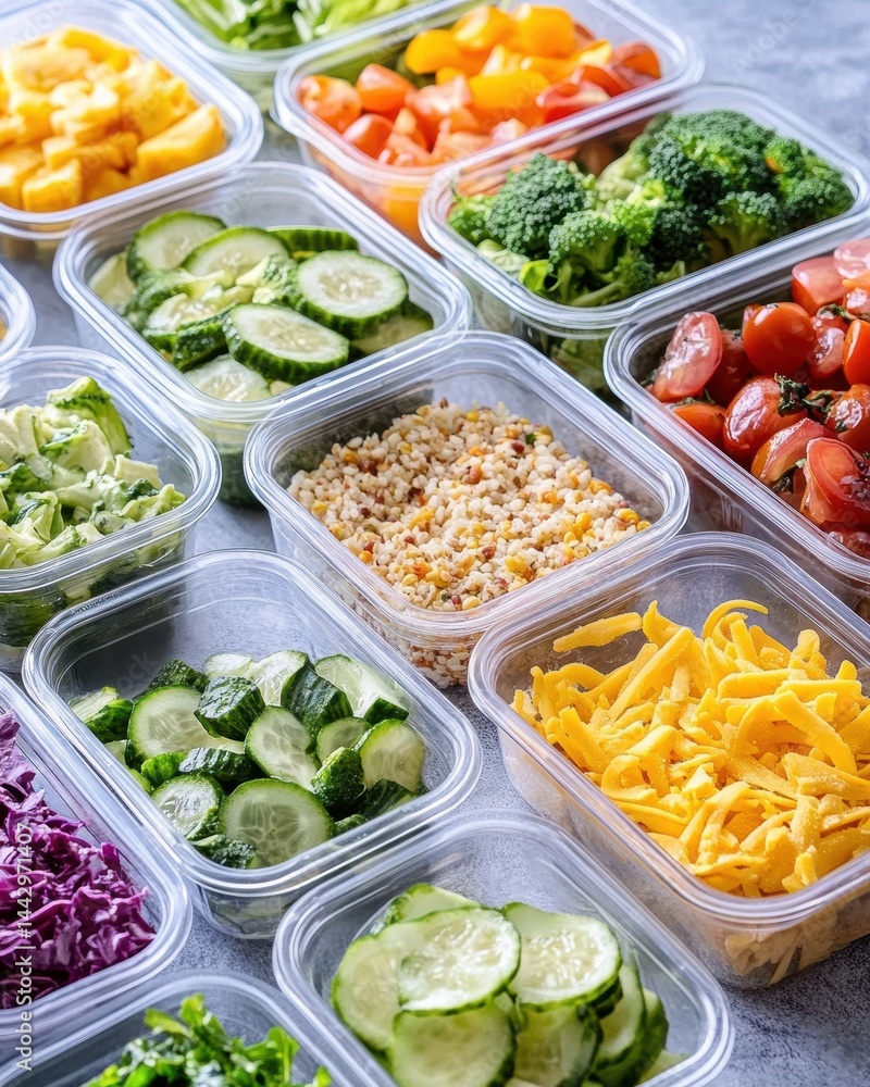 Colorful meal prep containers full of healthy fresh vegetables and grains on gray surface shot high angle Colorful meal prep containers full of healthy fresh vegetables and grains on gray surface shot high angle