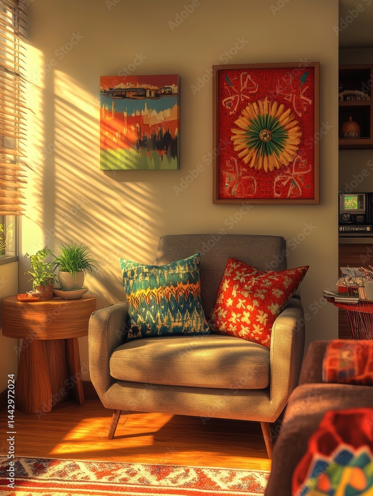 Fototapeta premium Interior with Armchair Pillows Table Decor Artwork and Blinds with Sunlight Casting Shadow
