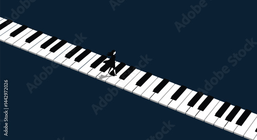 Lonely Figure Walking Piano Key Bridge