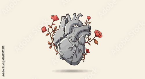 Mechanical Heart with Vines and Flowers - Tech vs Nature