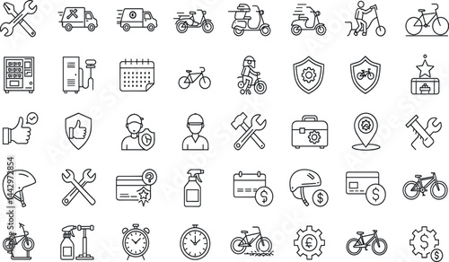 Bicycle services line icon set. Vector pictograms of subscription, helmet, cleaning, mechanic, delivery, customization, spare parts, storage, locker