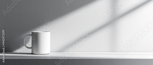 Simple white mug on modern shelf with natural light casting long diagonal shadows clean minimalist style