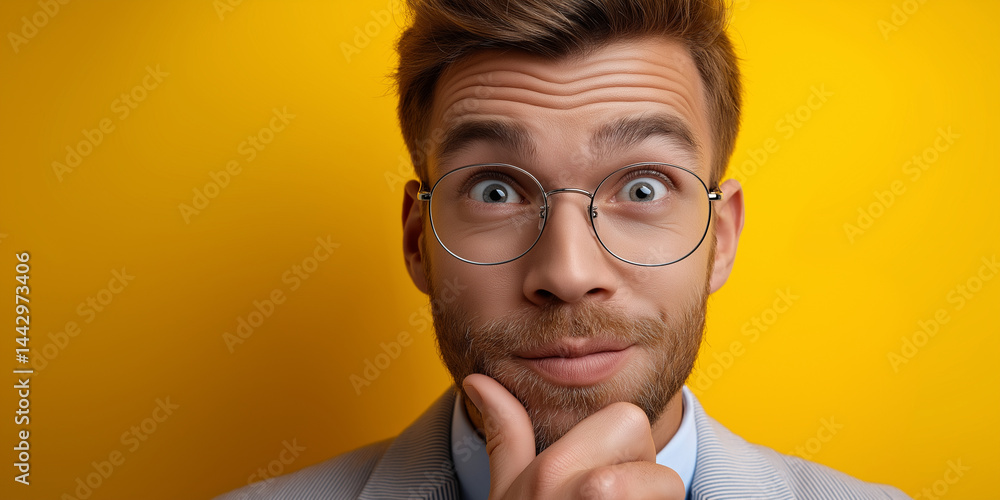 Überraschter junger Mann mit Brille und Hand am Kinn auf gelbem Hintergrund