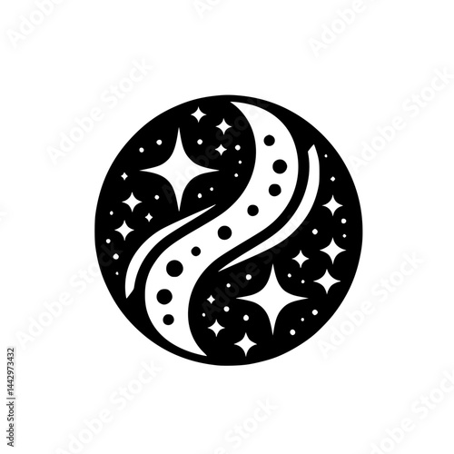 Graphic Celestial Balance Illustration: Stylized Moon and Stars in Yin Yang Circle Design