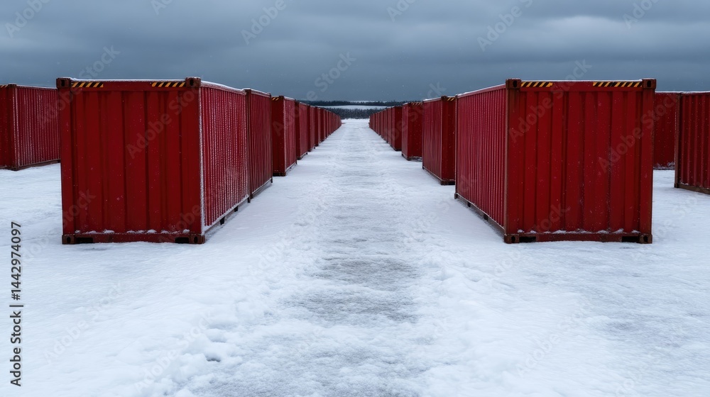 Red shipping containers in a snowy landscape. A long, paved pathway leads through a row of identically colored storage units. The overcast sky and snow-covered ground add a dramatic winter scene Red shipping containers in a snowy landscape. A long, paved pathway leads through a row of identically colored storage units. The overcast sky and snow-covered ground add a dramatic winter scene