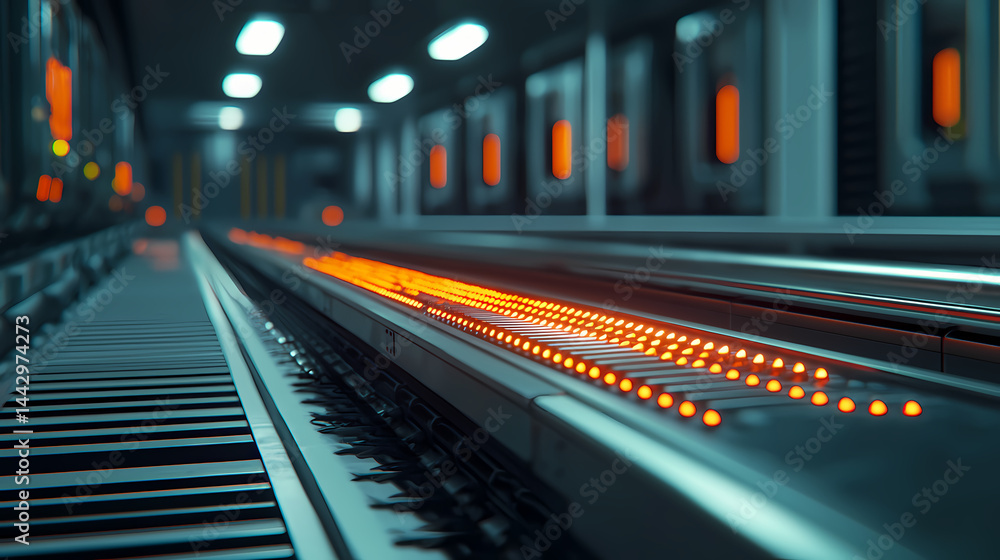 Fototapeta premium Futuristic conveyor system with illuminated orange lights in a modern, industrial setting, suggesting automation and advanced technology.