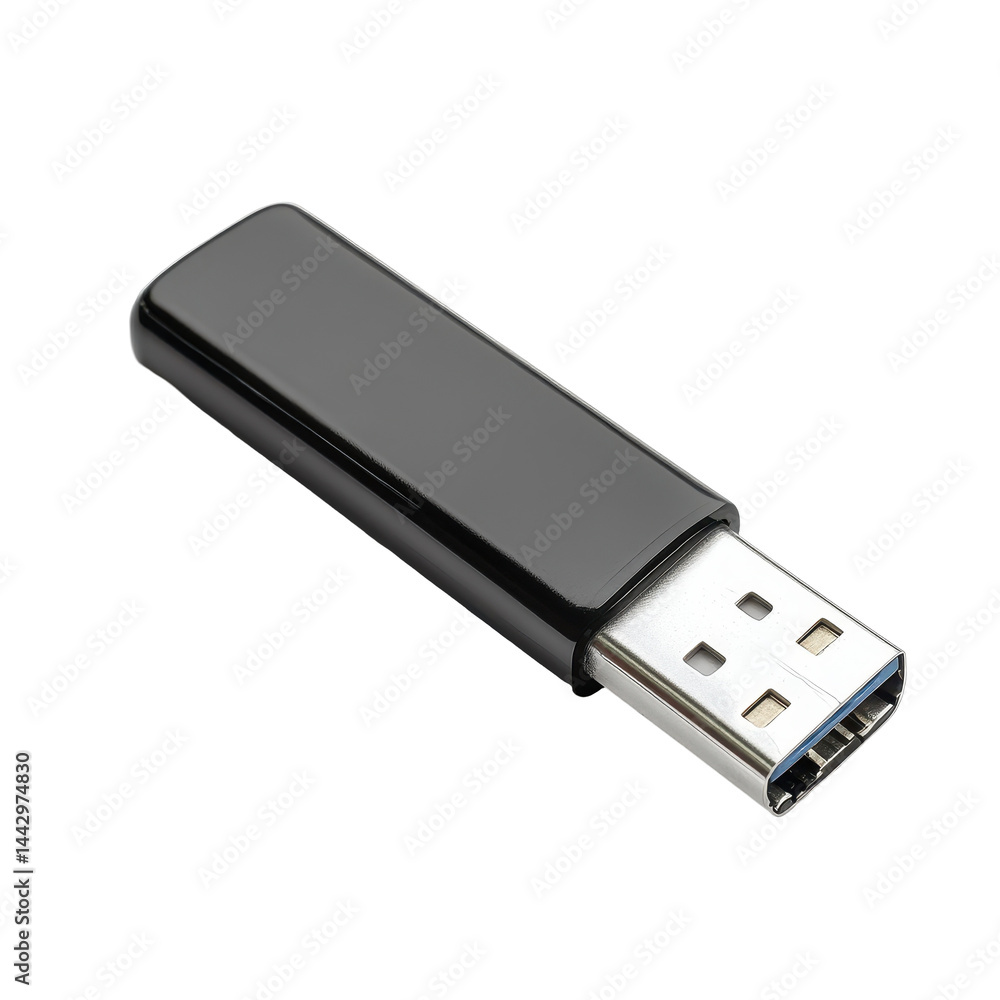 A glossy black USB flash drive with a metallic connector, showcasing portable digital storage. A glossy black USB flash drive with a metallic connector, showcasing portable digital storage.
