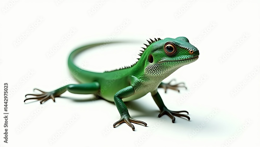 Fototapeta premium A vibrant green lizard perched gracefully, showcasing its unique features and agile form against a neutral backdrop.