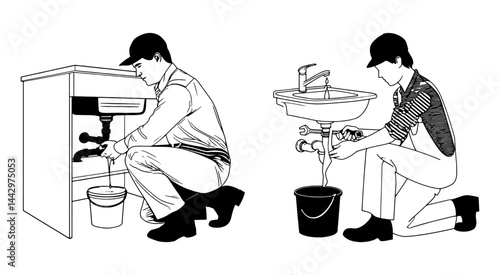 Plumbers fixing sinks black and white illustration