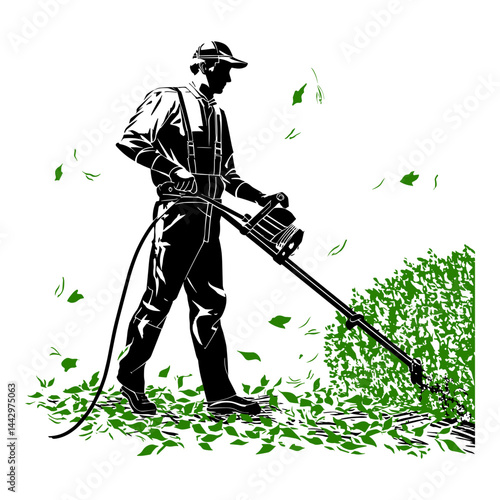 Gardener using hedge trimmer stencil illustration