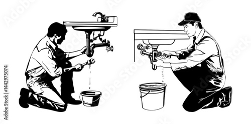 Plumbers fixing leaking pipes stencil illustration