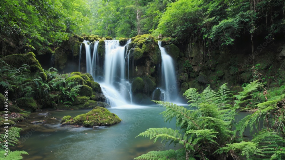 Obraz premium Gentle waterfall trickling down moss covered rocks into crystal clear pond surr