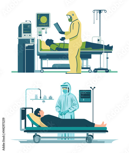 Scientist wearing hazmat suit working with chemicals in laboratory vector illustration
