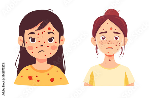 Girls with measles or chickenpox symptoms, flat vector illustration