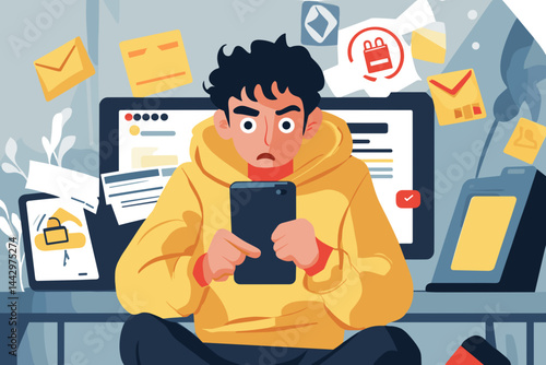 Cyber Scam Alert – Flat Vector of Person Surrounded by Phishing Messages