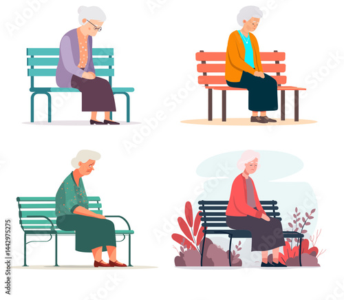 Elderly Woman Sitting Alone on Bench – Flat Vector Illustration of Loneliness