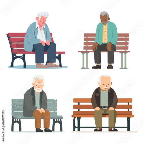 Sad elderly men sitting alone on benches, flat vector illustration