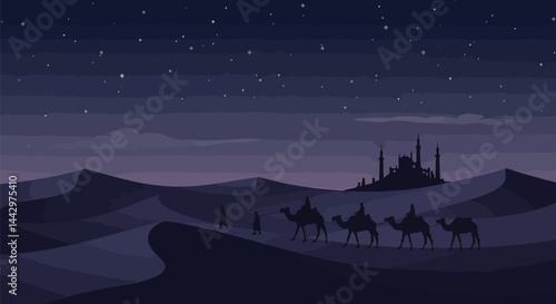 Desert Caravan Silhouette - Nighttime Dune Landscape