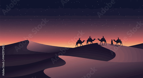 Desert Caravan Silhouette: Camels Crossing Dunes Under Stars