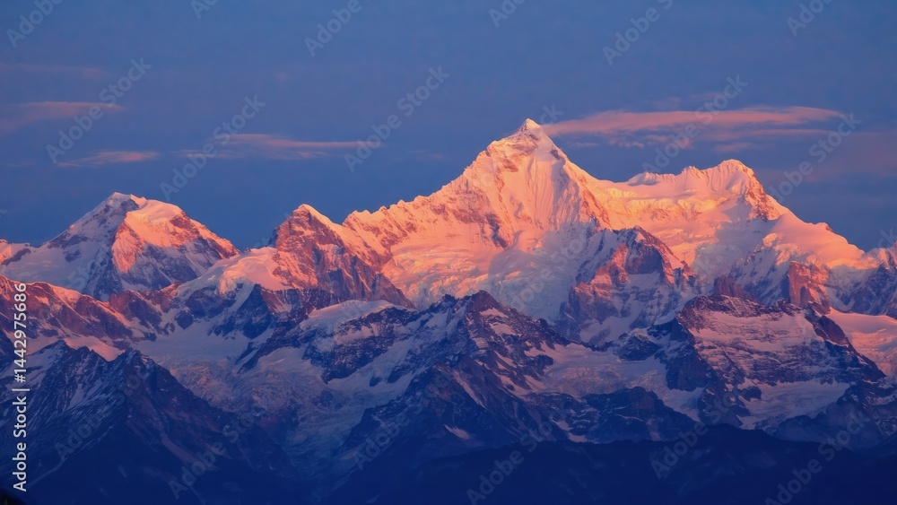 Panorama of snow covered mountain range glowing pink under alpenglow at twiligh Panorama of snow covered mountain range glowing pink under alpenglow at twiligh
