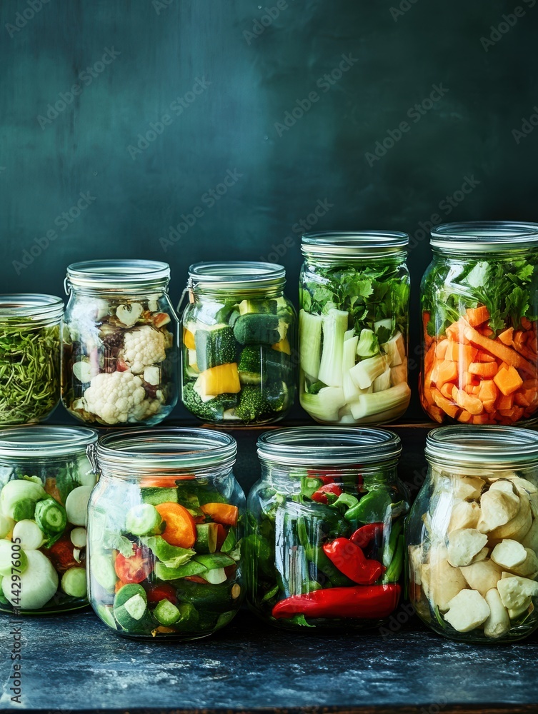 Assorted Pickled Vegetables in Glass Jars on Dark Background Colorful Culinary Composition Assorted Pickled Vegetables in Glass Jars on Dark Background Colorful Culinary Composition