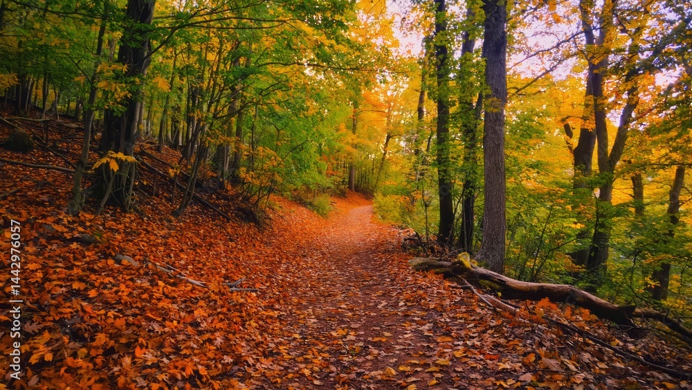 Obraz premium Warm autumn forest trail carpeted with golden leaves Path leading into distance