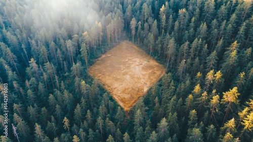 Top down drone view of thick pine forest in deep shadow with single sunlit clea
