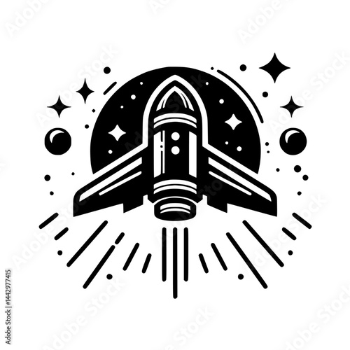 Stylized Black and White Rocket Launch with Stars and Planet Icon