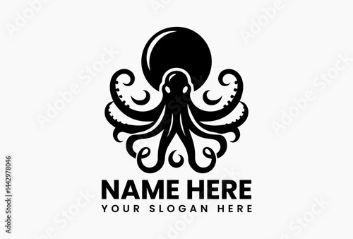 Strong black octopus silhouette with dynamic tentacles, striking marine logo for seafood and nautical brands