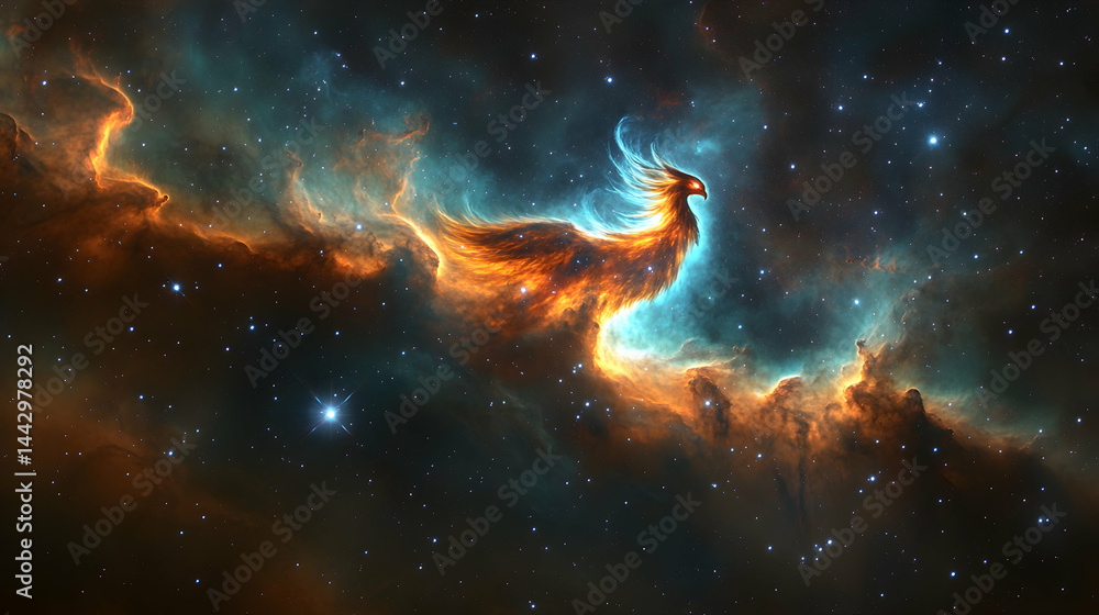 A celestial fire bird spreads its wings across a nebula filled with stars glowing teal orange and yellow A celestial fire bird spreads its wings across a nebula filled with stars glowing teal orange and yellow
