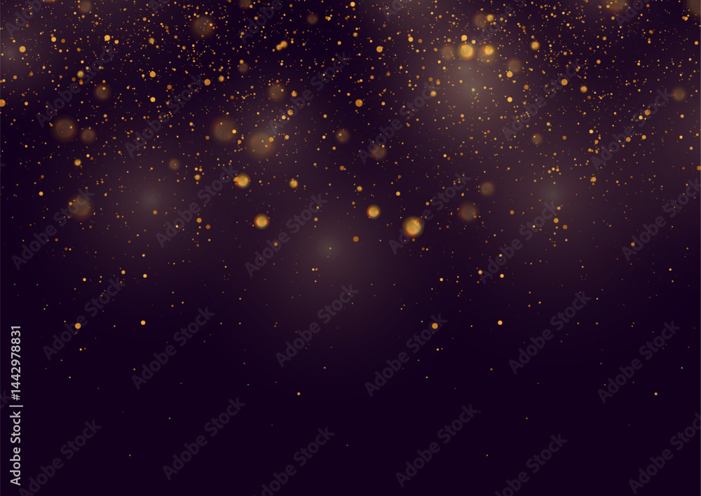 Golden shiny sparkling particles with bokeh lights abstract holiday background. Vector graphic design