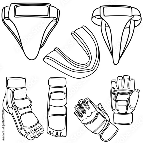 Taekwondo Match Equipment outline Illustration Set
