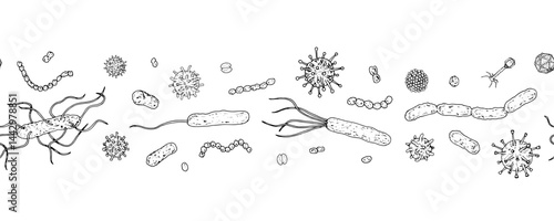 Hand drawn vector frame with virus, bacteria, and microbial elements in black and white. Perfect for medical designs, health protection themes, and infection prevention graphics