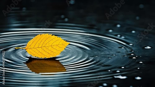 Autumnal Serenity: A Yellow Leaf's Ripple Reflection in Dark Water