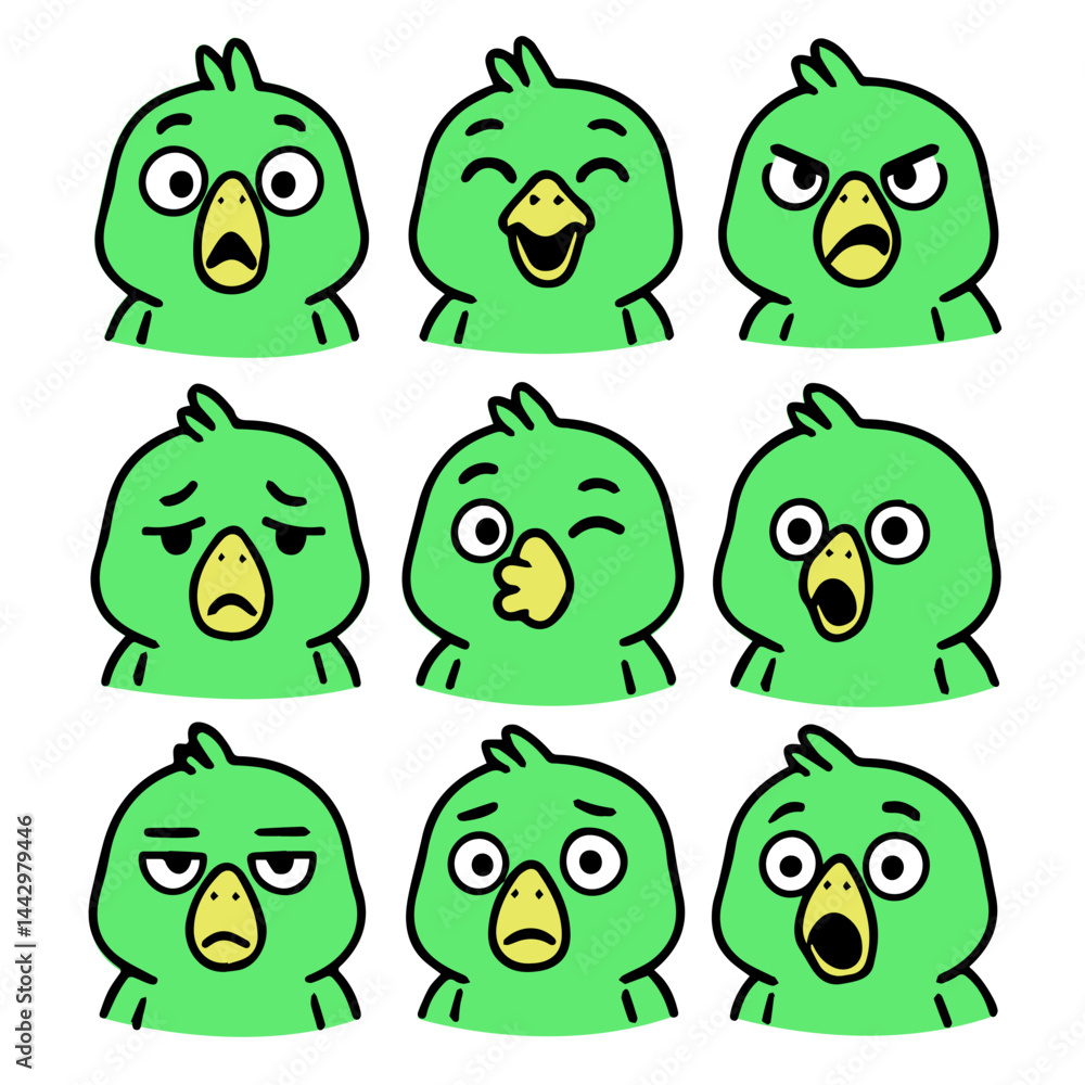Fototapeta premium parrot emotions icons set cartoon vector vector set collection cartoon animals illustrations on white background cartoon collection parrot collection of 9 cartoon animals