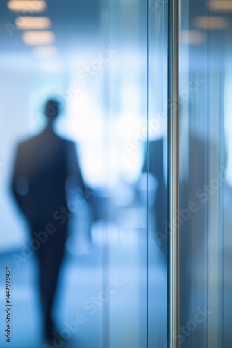 Business Impression Blurred Vision of a Person Walking Through Modern Office Doors in Minimalist Corporate Setting