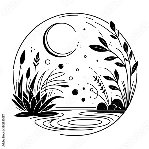 Serene Circular Line Art: Moon, Water, & Nature Scene